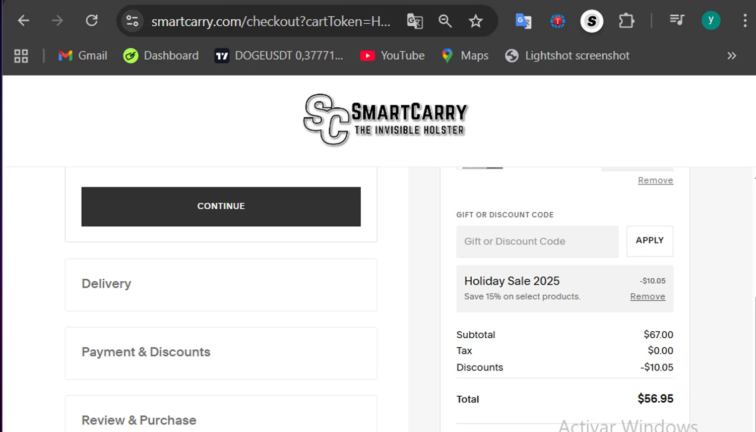Smart Carry promo code screenshot showing code HOHOHO applied at Smart Carry checkout page. Uploaded by SimplyCodes community member 502312 on Dec 5, 2025