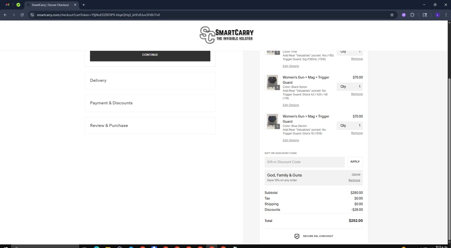 Smart Carry promo code screenshot showing code GFG10 applied at Smart Carry checkout page. Uploaded by SimplyCodes community member CoinElite8726 on Jul 18, 2025