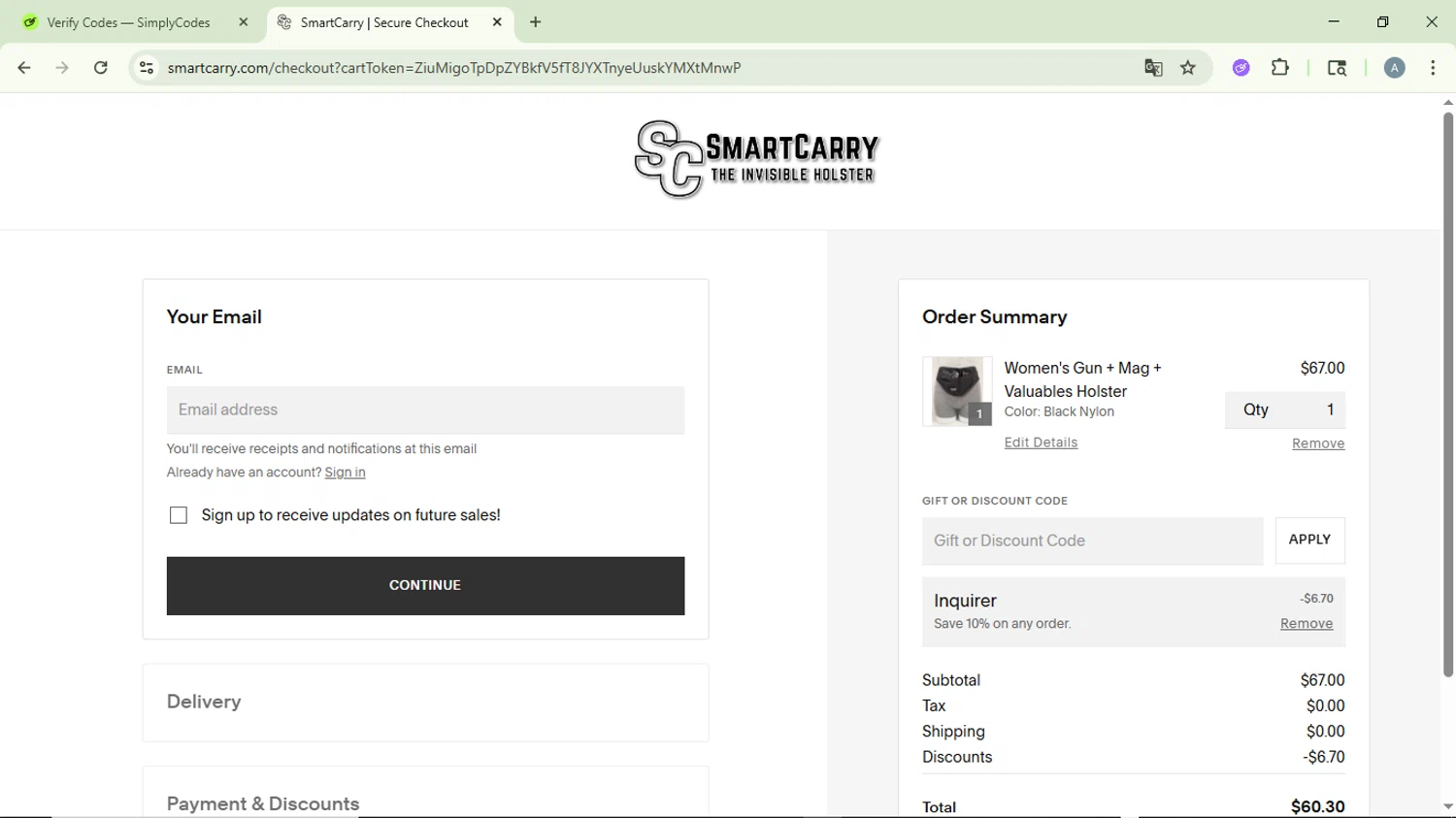Smart Carry promo code screenshot showing code INQUIRE10 applied at Smart Carry checkout page. Uploaded by SimplyCodes community member DiscountVirtuoso6243 on Jun 19, 2025
