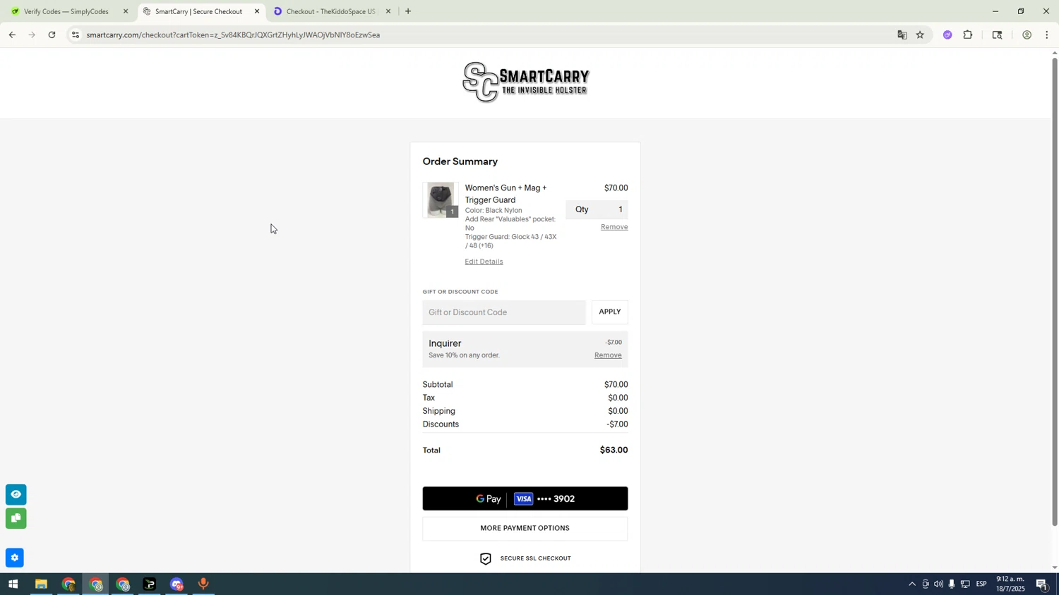 Smart Carry promo code screenshot showing code INQUIRE10 applied at Smart Carry checkout page. Uploaded by SimplyCodes community member sfdfgdsfgdfgdfg on Jul 18, 2025