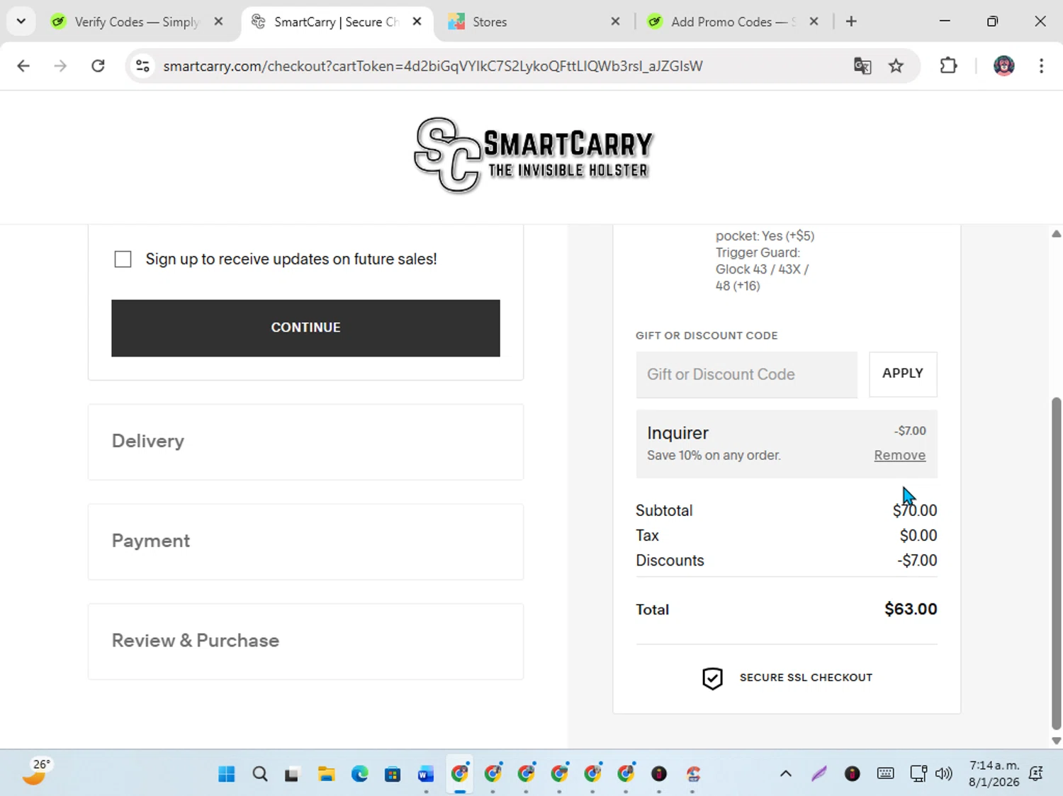 Smart Carry checkout page showing Smart Carry promo code box | Screenshot taken by SimplyCodes community member on Jan 8, 2026
