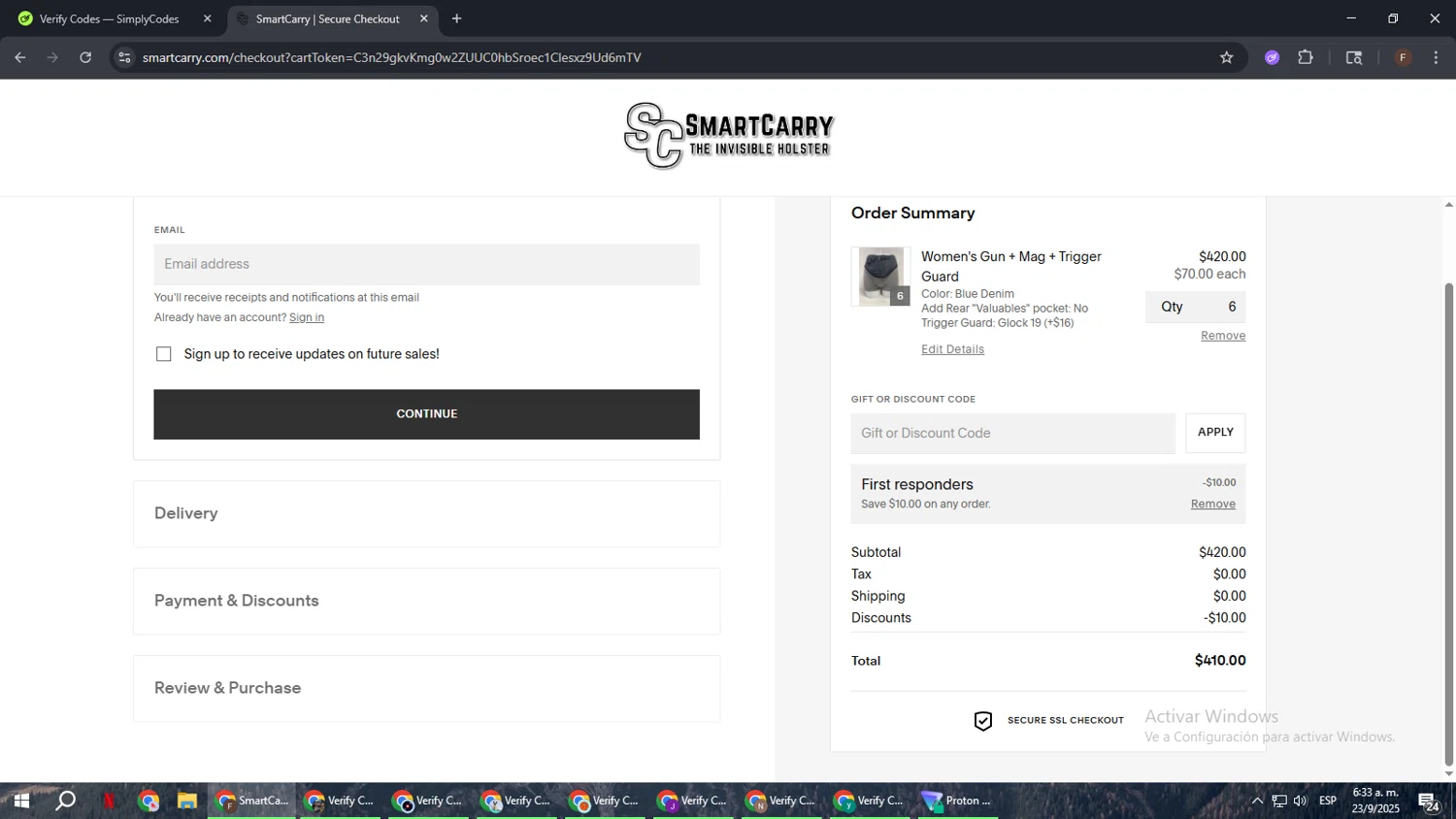 Smart Carry promo code screenshot showing code FIRST10 applied at Smart Carry checkout page. Uploaded by SimplyCodes community member ExtraordinaryHunter3076 on Sep 23, 2025