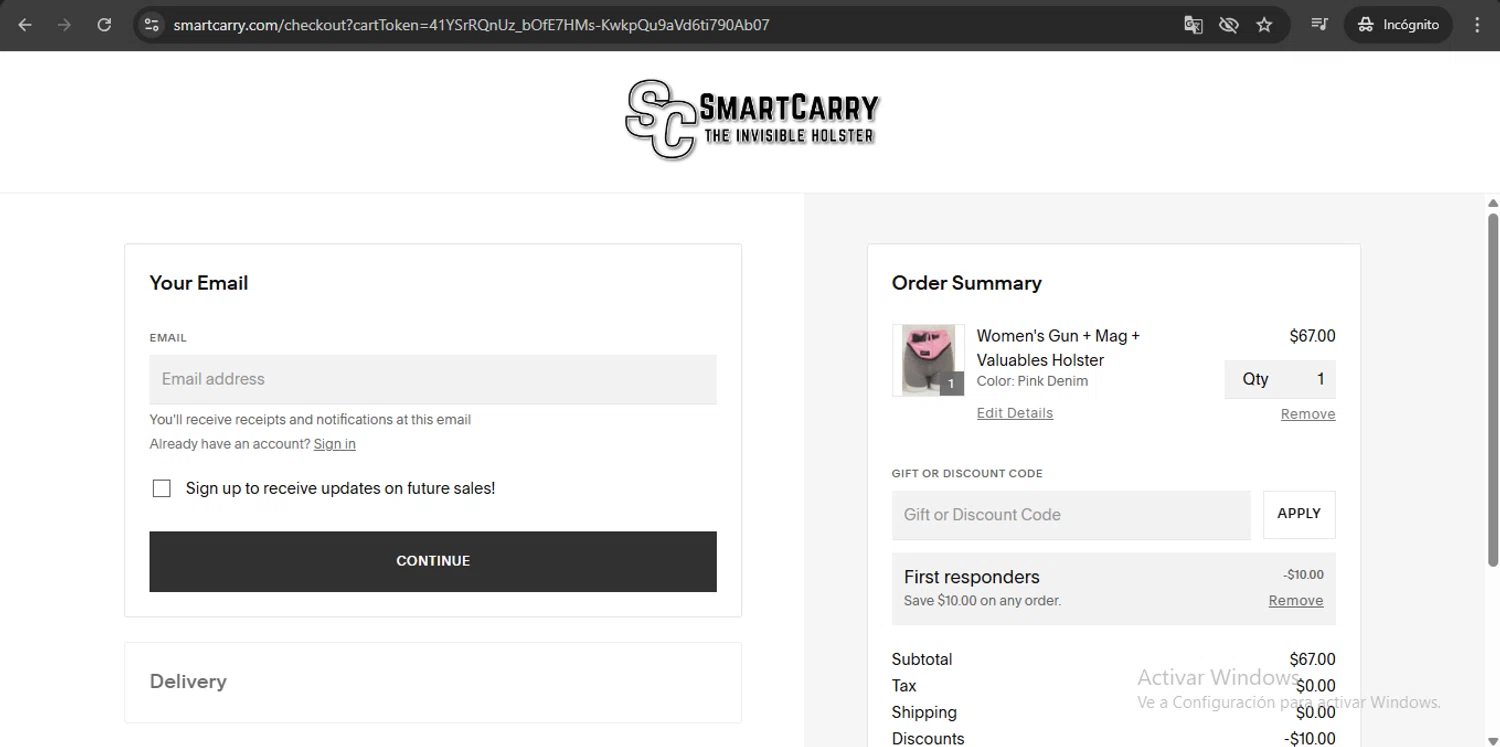 Smart Carry promo code screenshot showing code FIRST10 applied at Smart Carry checkout page. Uploaded by SimplyCodes community member UchihaMadara on Sep 23, 2025
