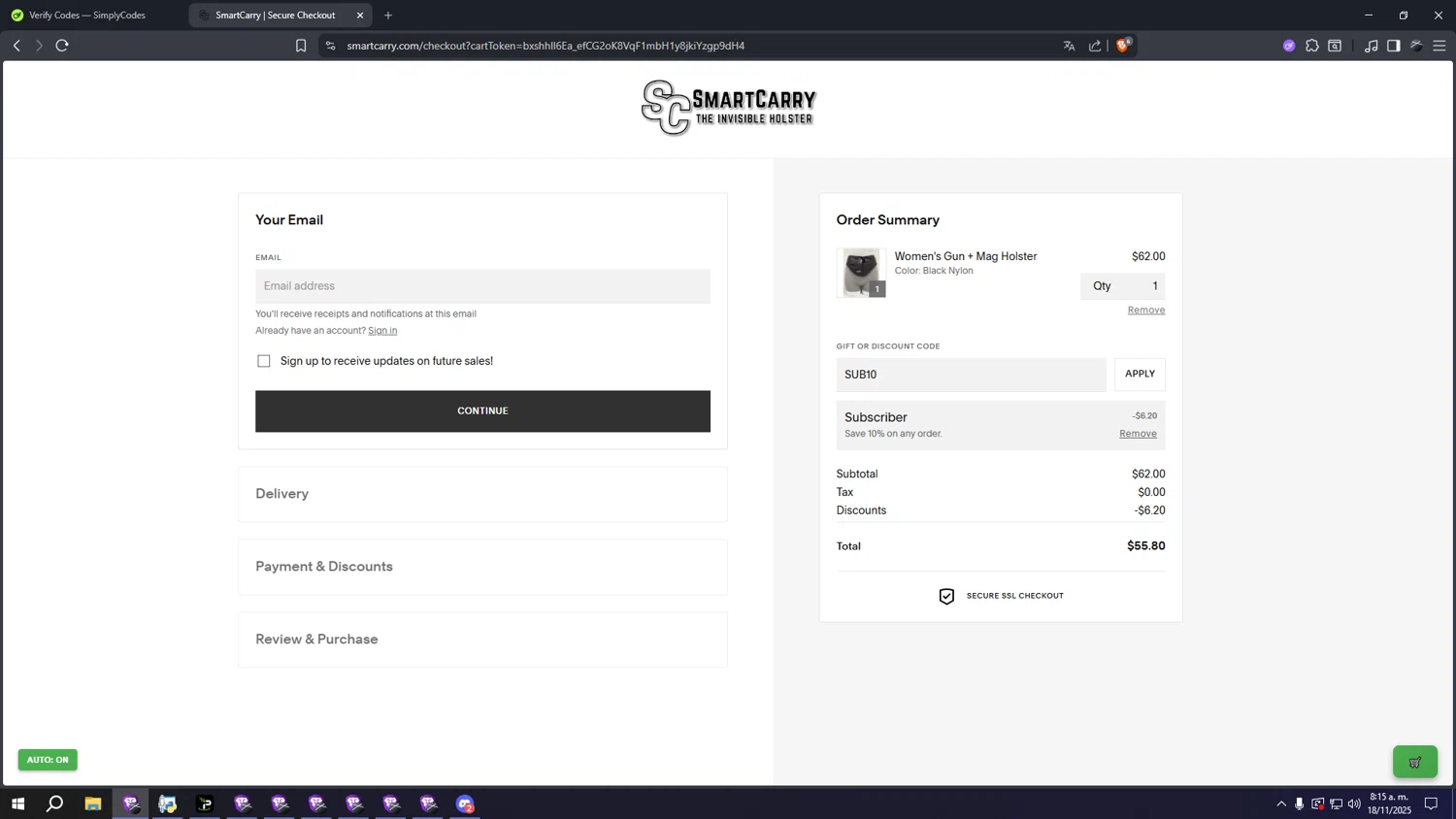 Smart Carry promo code screenshot showing code SUB10 applied at Smart Carry checkout page. Uploaded by SimplyCodes community member ooooooooooooooooooo on Nov 18, 2025