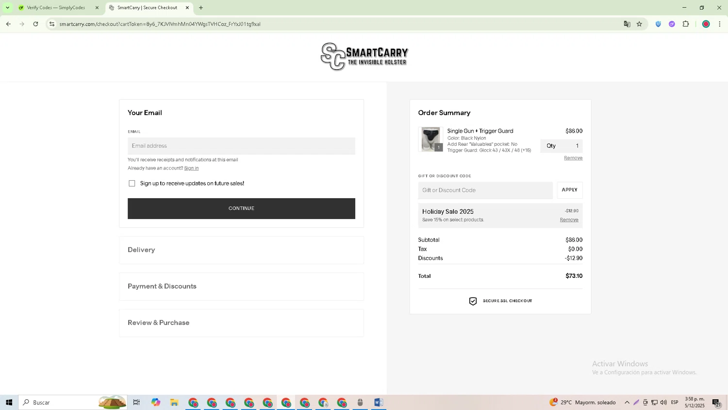 Smart Carry promo code screenshot showing code HOHOHO applied at Smart Carry checkout page. Uploaded by SimplyCodes community member Robert_Williams on Dec 5, 2025