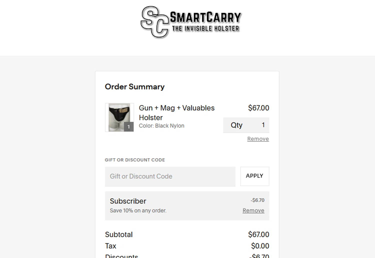 Smart Carry promo code screenshot showing code SUB10 applied at Smart Carry checkout page. Uploaded by SimplyCodes community member ashe1986 on Nov 18, 2025