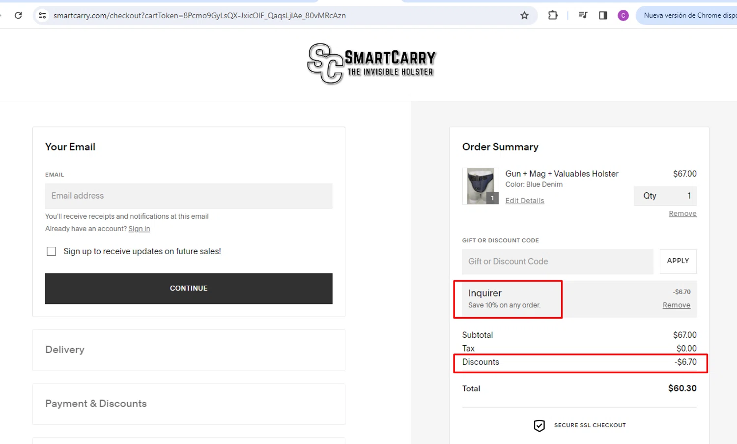 Smart Carry promo code screenshot showing code INQUIRE10 applied at Smart Carry checkout page. Uploaded by SimplyCodes community member nileskamarcano on May 22, 2025