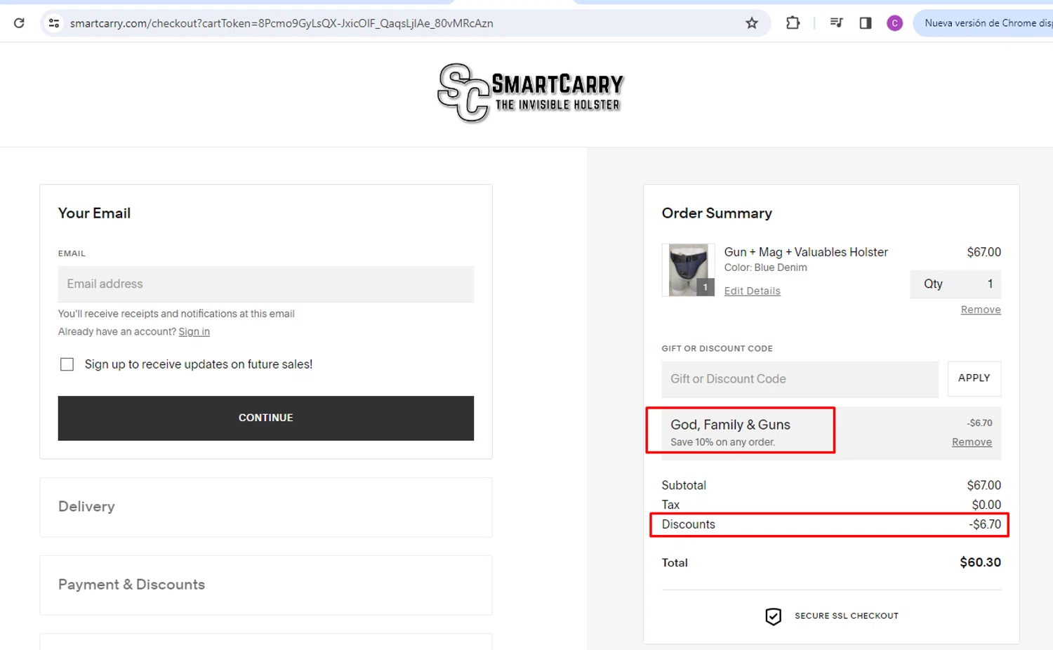 Smart Carry promo code screenshot showing code GFG10 applied at Smart Carry checkout page. Uploaded by SimplyCodes community member nileskamarcano on May 22, 2025