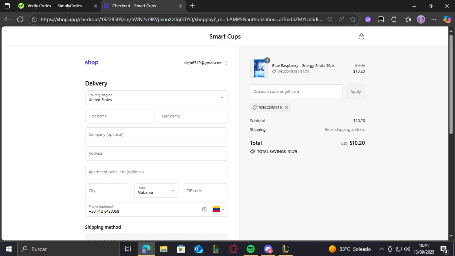 Smart Cups checkout page showing Smart Cups discount code box | Screenshot taken by SimplyCodes community member on Sep 13, 2025