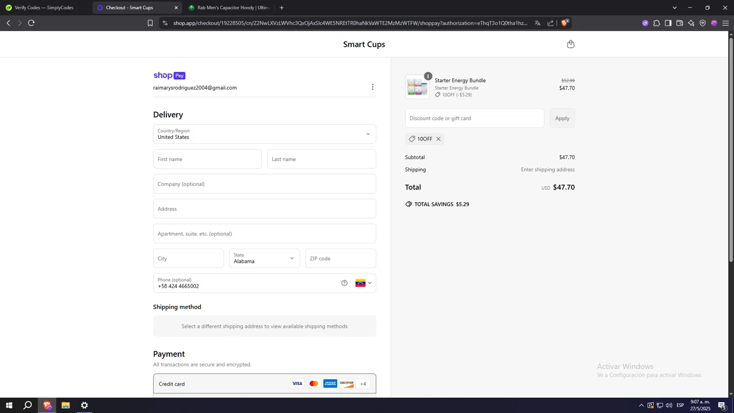 Smart Cups discount code screenshot showing code 10off applied at Smart Cups checkout page. Uploaded by SimplyCodes community member Machi005 on May 27, 2025
