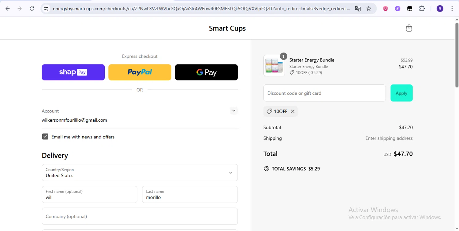 Smart Cups discount code screenshot showing code 10off applied at Smart Cups checkout page. Uploaded by SimplyCodes community member zurdinha on May 27, 2025