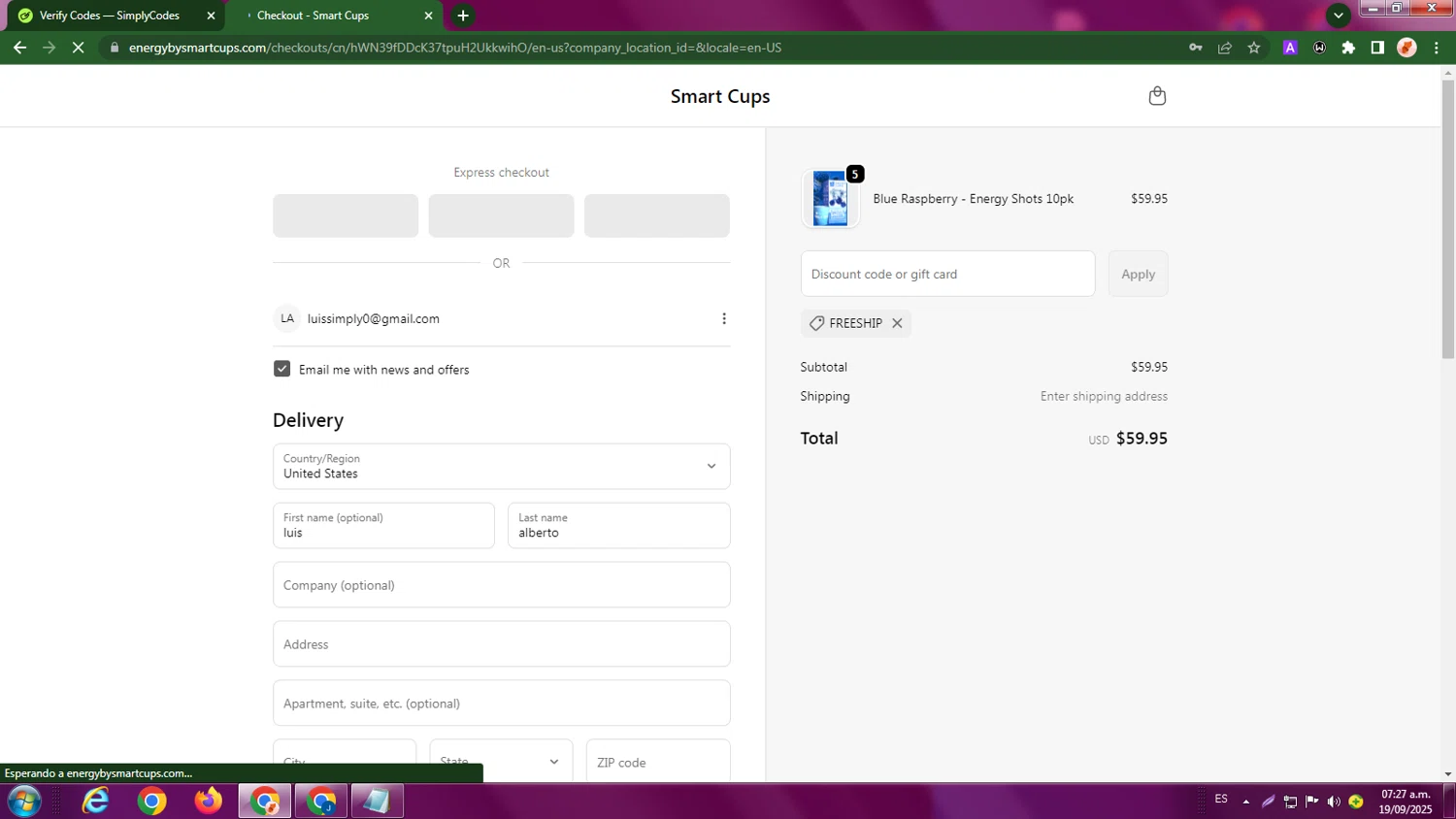 Smart Cups checkout page showing Smart Cups discount code box | Screenshot taken by SimplyCodes community member on Sep 19, 2025