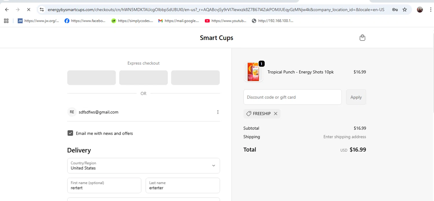 Smart Cups discount code screenshot showing code FREESHIP applied at Smart Cups checkout page. Uploaded by SimplyCodes community member MarinaDelgado on Nov 16, 2025