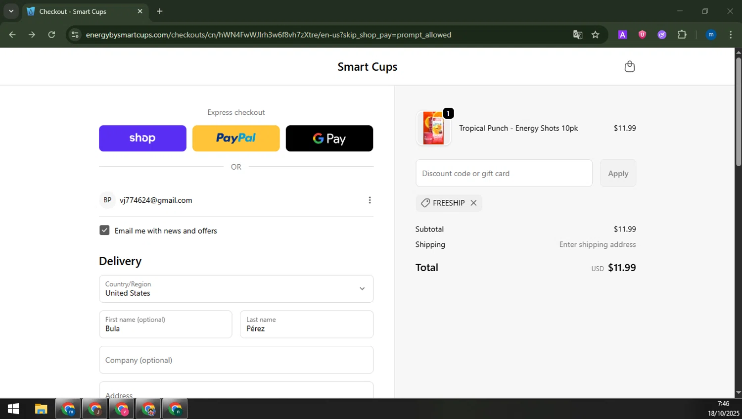 Smart Cups checkout page showing Smart Cups discount code box | Screenshot taken by SimplyCodes community member on Oct 18, 2025