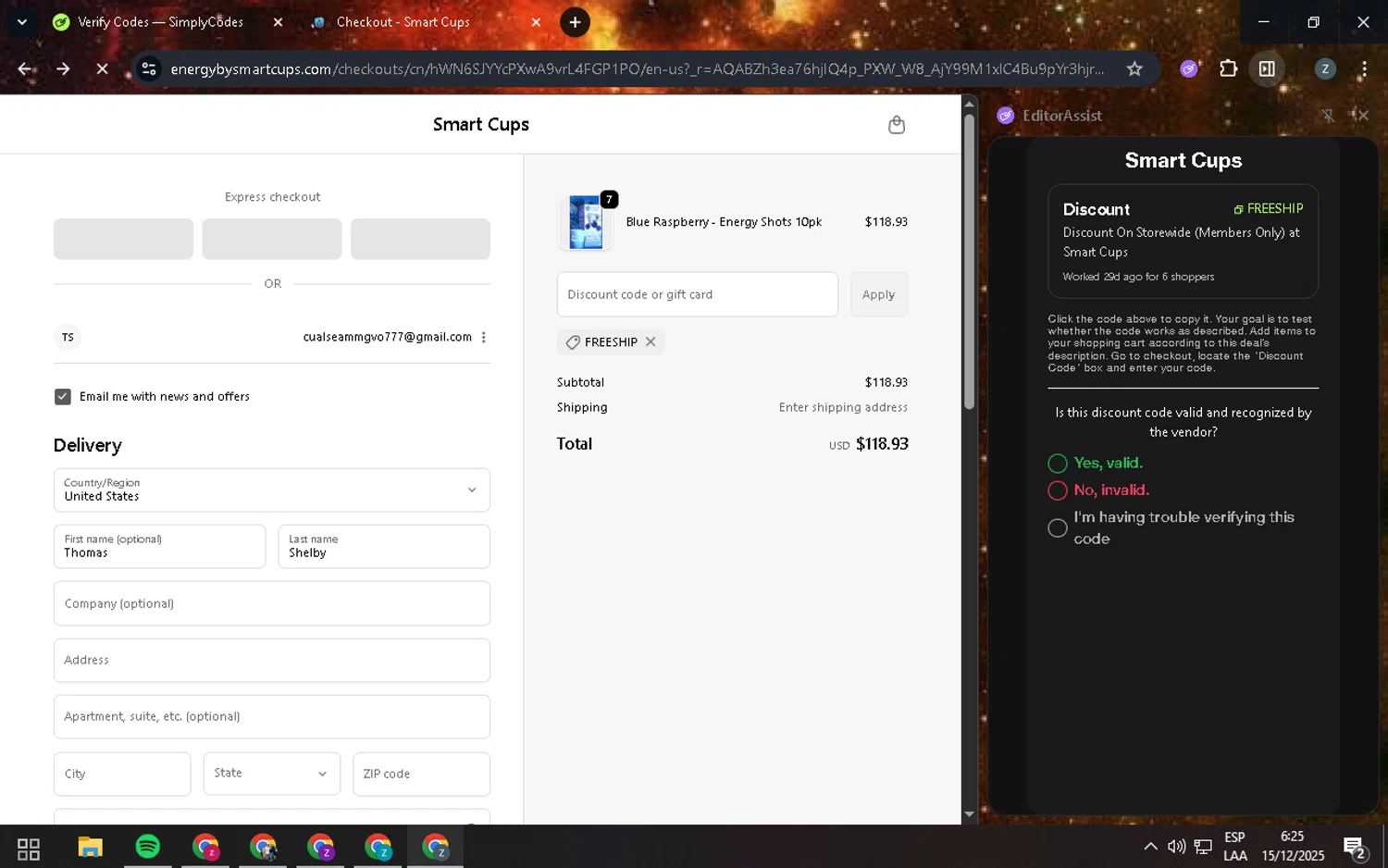 Smart Cups discount code screenshot showing code FREESHIP applied at Smart Cups checkout page. Uploaded by SimplyCodes community member zadquiel on Dec 15, 2025