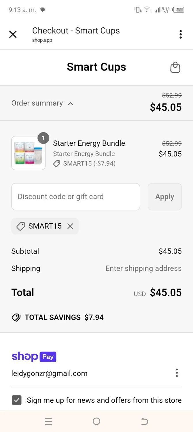 Smart Cups discount code screenshot showing code smart15 applied at Smart Cups checkout page. Uploaded by SimplyCodes community member Daless on May 27, 2025
