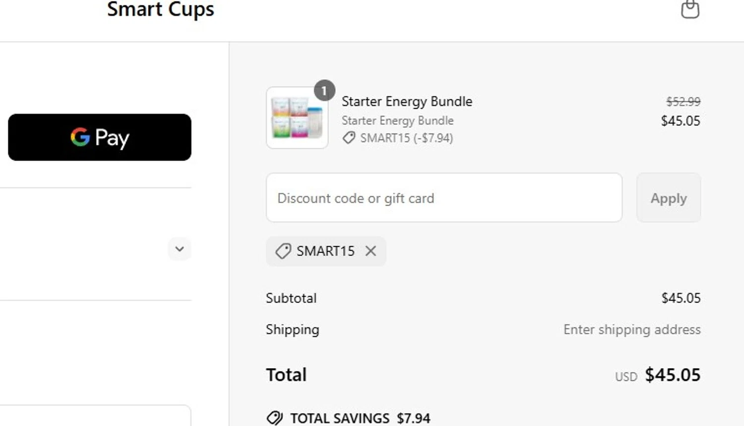 Smart Cups discount code screenshot showing code smart15 applied at Smart Cups checkout page. Uploaded by SimplyCodes community member Quemiras on May 20, 2025