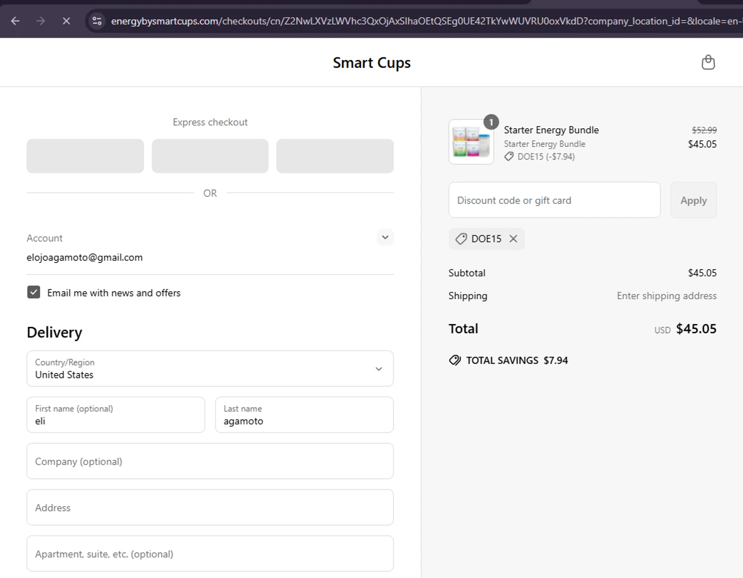 Smart Cups discount code screenshot showing code DOE15 applied at Smart Cups checkout page. Uploaded by SimplyCodes community member MoneySage8222 on Jun 17, 2025