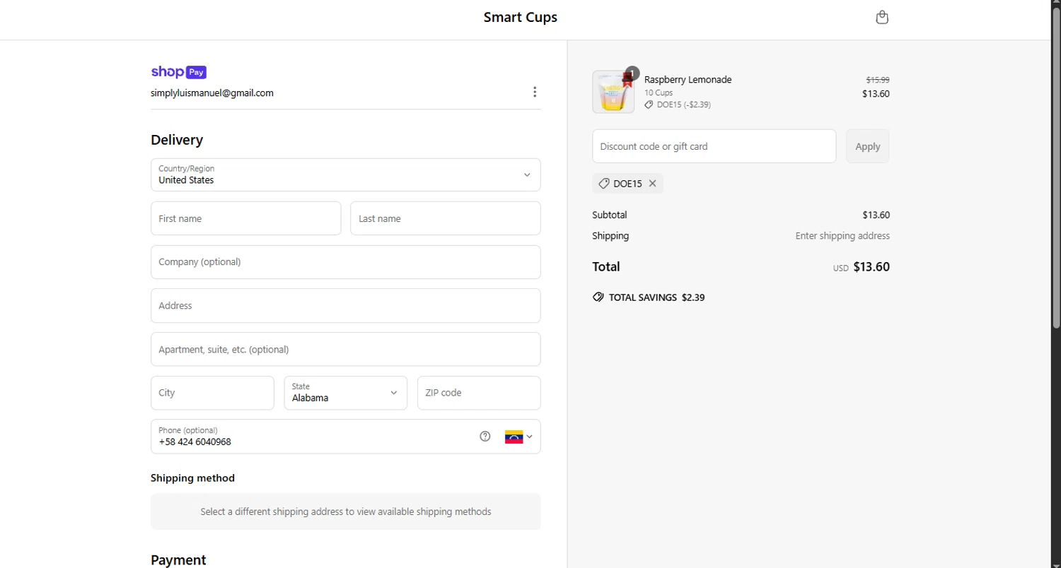 Smart Cups discount code screenshot showing code DOE15 applied at Smart Cups checkout page. Uploaded by SimplyCodes community member MoneyScout2554 on May 27, 2025