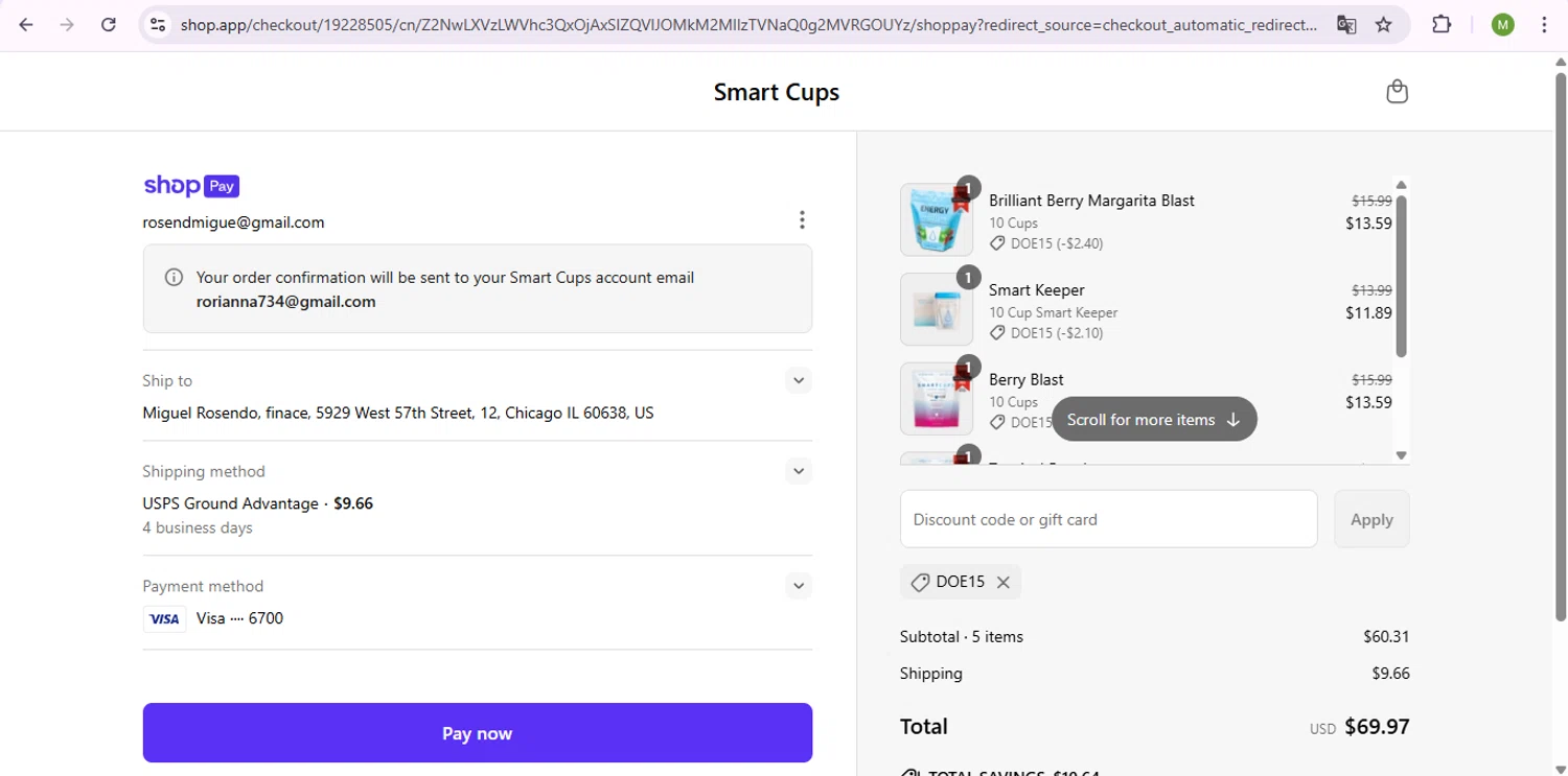 Smart Cups discount code screenshot showing code DOE15 applied at Smart Cups checkout page. Uploaded by SimplyCodes community member SaleSentinel7319 on May 20, 2025