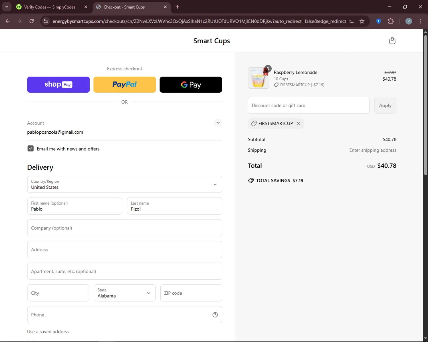 Smart Cups discount code screenshot showing code FIRSTSMARTCUP applied at Smart Cups checkout page. Uploaded by SimplyCodes community member DiscountEagle6247 on Jun 17, 2025