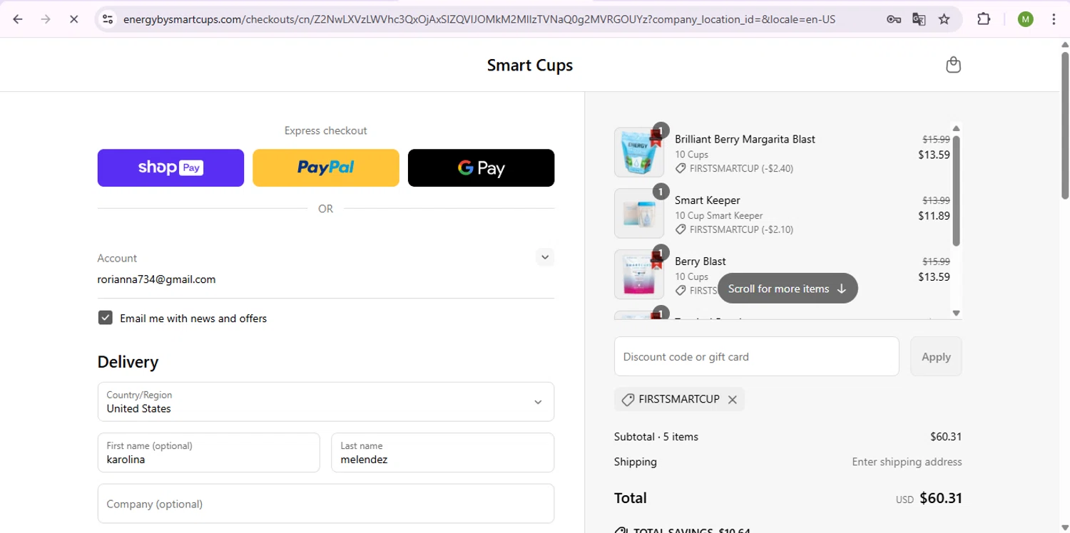 Smart Cups discount code screenshot showing code FIRSTSMARTCUP applied at Smart Cups checkout page. Uploaded by SimplyCodes community member SaleSentinel7319 on May 20, 2025