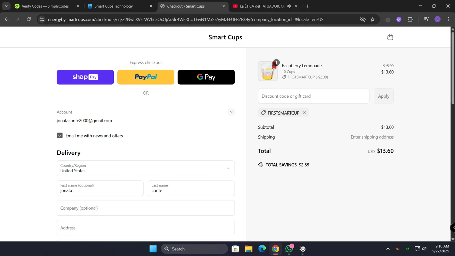 Smart Cups discount code screenshot showing code FIRSTSMARTCUP applied at Smart Cups checkout page. Uploaded by SimplyCodes community member lunita on May 27, 2025