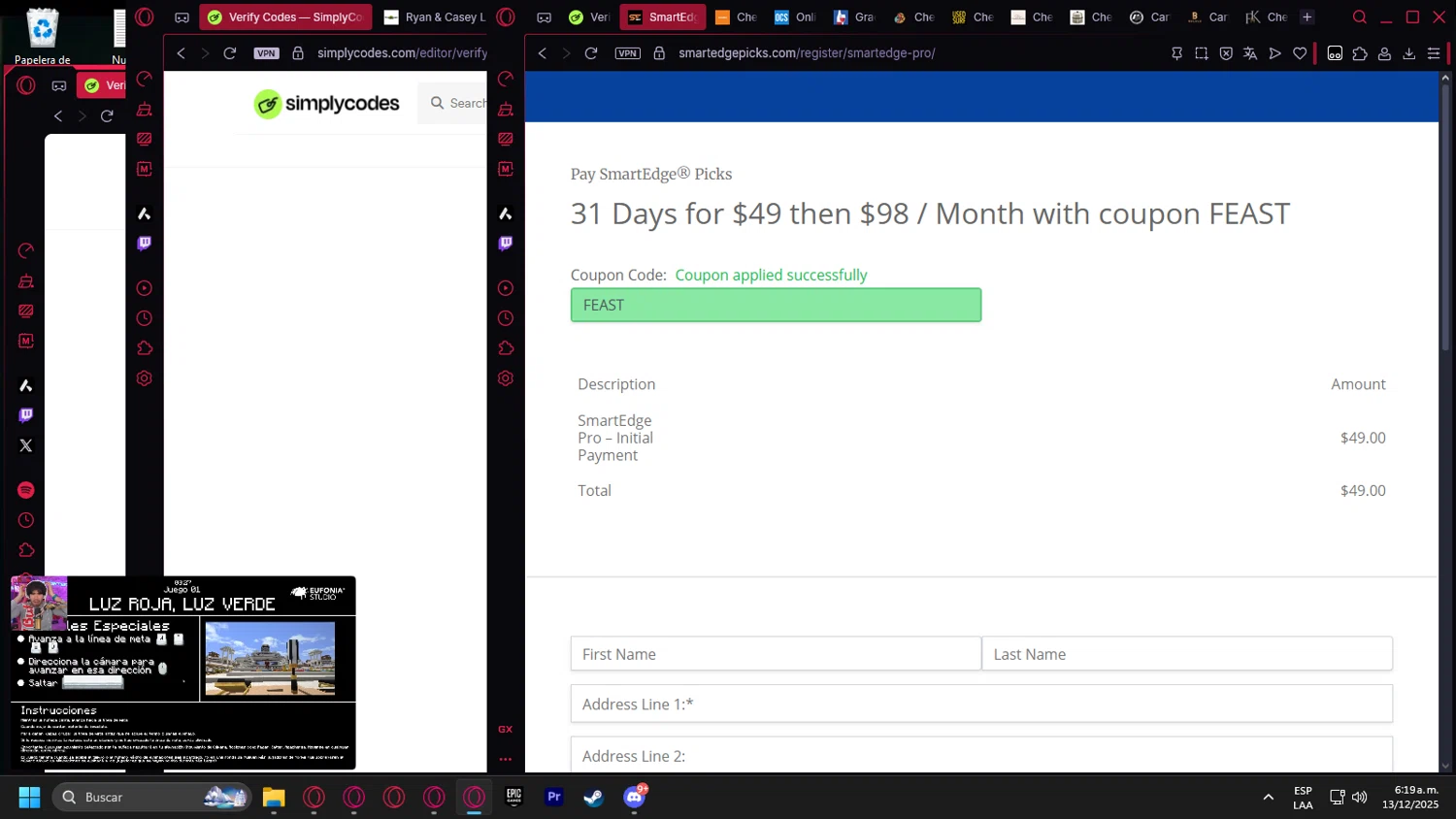 SmartEdge Picks promo code screenshot showing code FEAST applied at SmartEdge Picks checkout page. Uploaded by SimplyCodes community member Handivlak on Dec 13, 2025