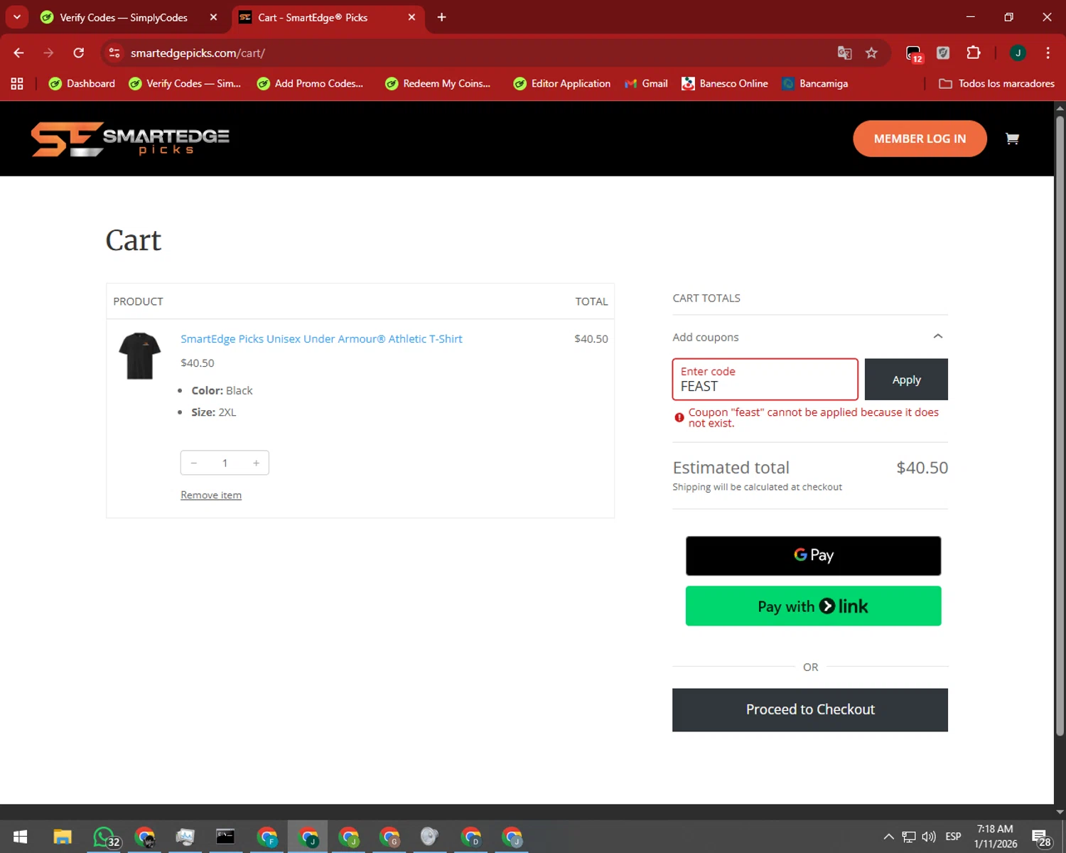 SmartEdge Picks promo code screenshot showing code FEAST applied at SmartEdge Picks checkout page. Uploaded by SimplyCodes community member SilverAdmiral2559 on Jan 11, 2026