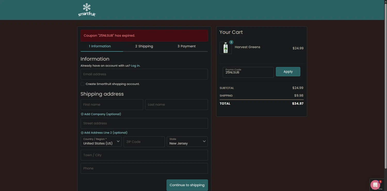 Smartfruit coupon code screenshot showing code 25NLSUB applied at Smartfruit checkout page. Uploaded by SimplyCodes community member CodeRanger4147 on Nov 12, 2025