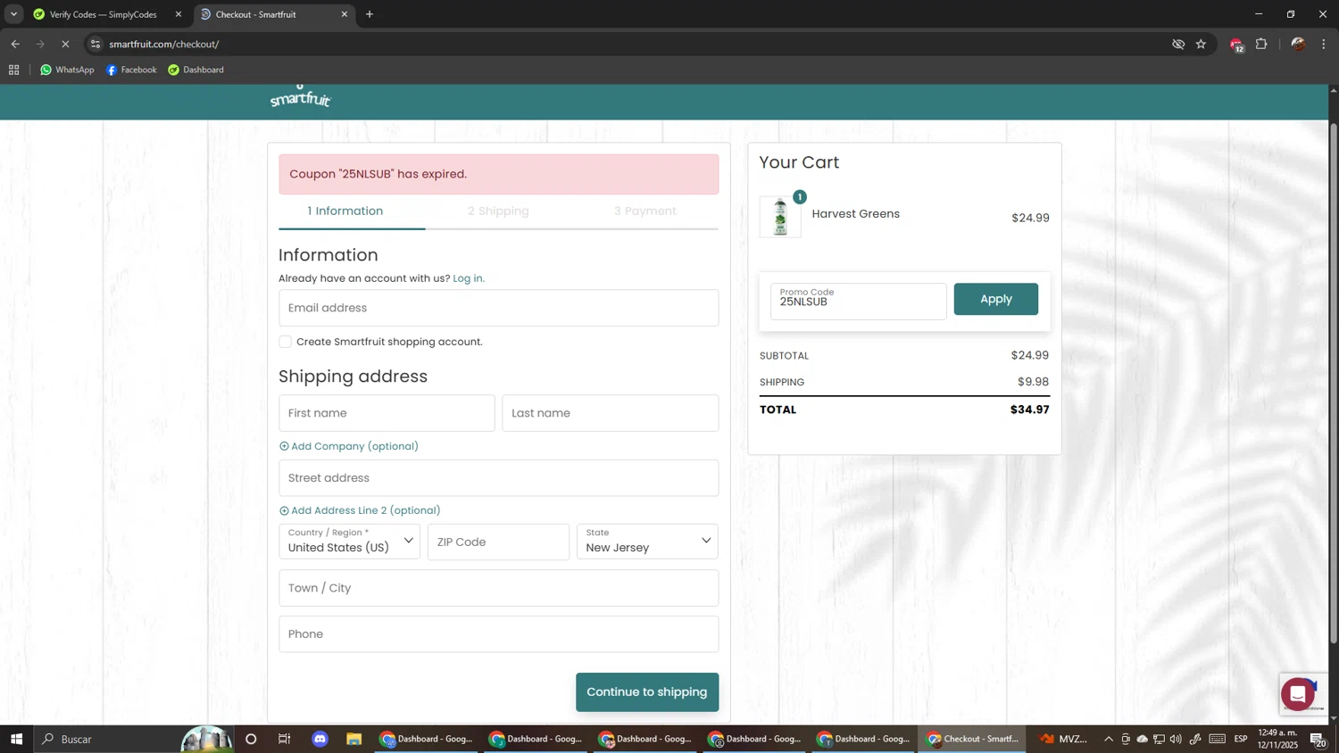 Smartfruit coupon code screenshot showing code 25NLSUB applied at Smartfruit checkout page. Uploaded by SimplyCodes community member ScanShopper554 on Nov 12, 2025