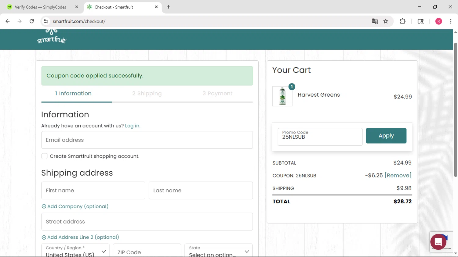 Smartfruit checkout page showing Smartfruit coupon code box | Screenshot taken by SimplyCodes community member on Jun 29, 2025