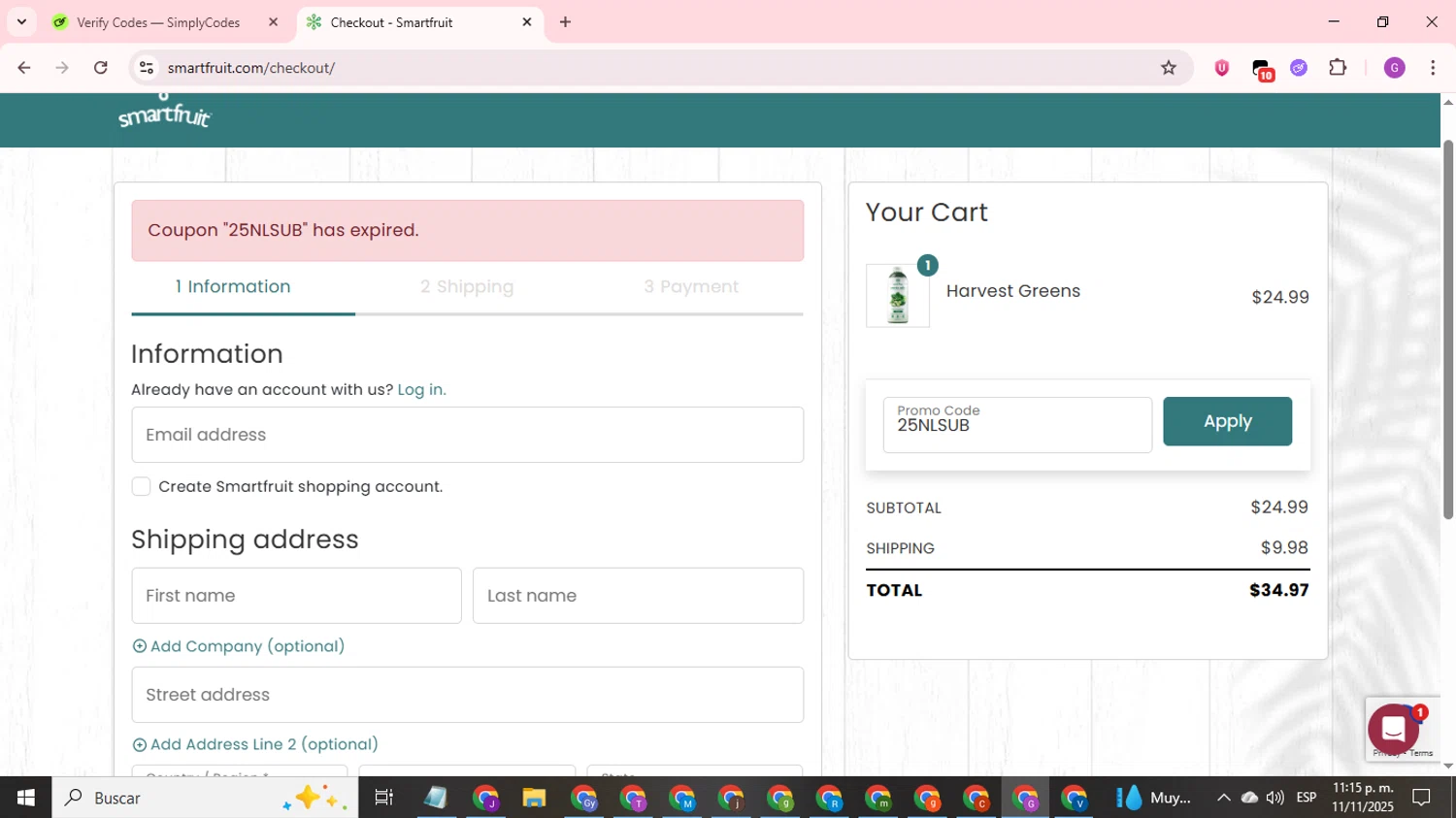 Smartfruit coupon code screenshot showing code 25NLSUB applied at Smartfruit checkout page. Uploaded by SimplyCodes community member ValuePilot6849 on Nov 12, 2025