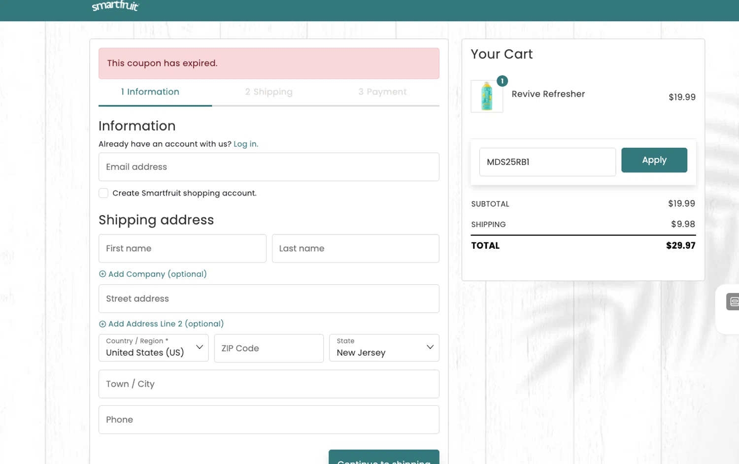 Smartfruit coupon code screenshot showing code MDS25RB1 applied at Smartfruit checkout page. Uploaded by SimplyCodes community member ELOIN777 on Jun 9, 2025