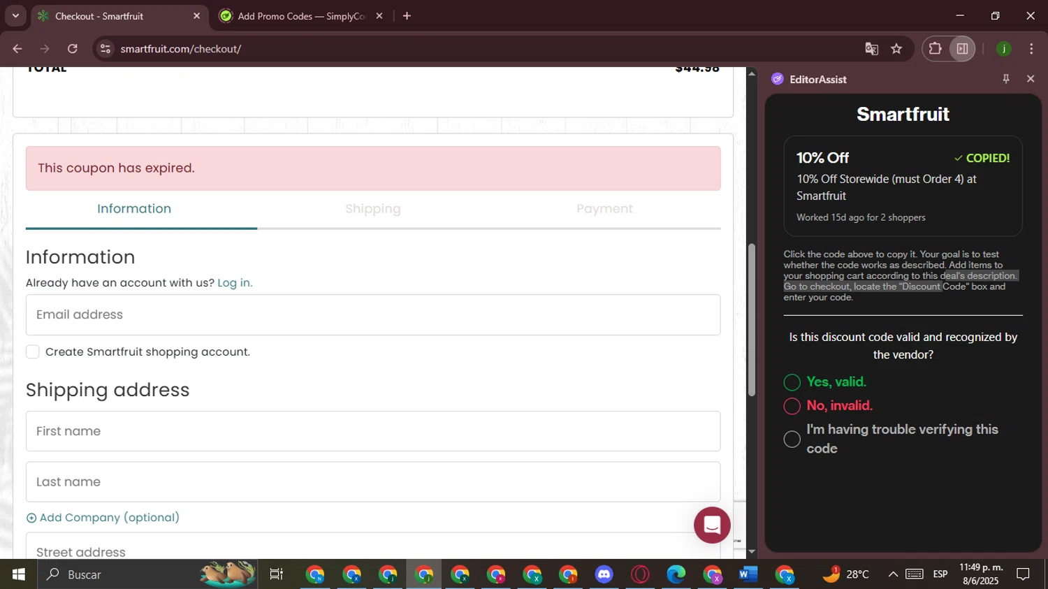 Smartfruit coupon code screenshot showing code MDS25RB1 applied at Smartfruit checkout page. Uploaded by SimplyCodes community member Ferrari on Jun 9, 2025