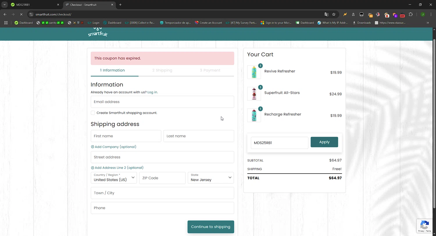 Smartfruit coupon code screenshot showing code MDS25RB1 applied at Smartfruit checkout page. Uploaded by SimplyCodes community member FortunateWizard717 on Jun 9, 2025