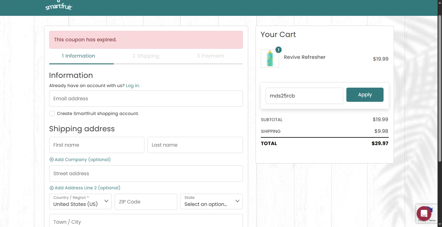 Smartfruit coupon code screenshot showing code mds25rcb applied at Smartfruit checkout page. Uploaded by SimplyCodes community member BargainMonarch8220 on Jun 9, 2025