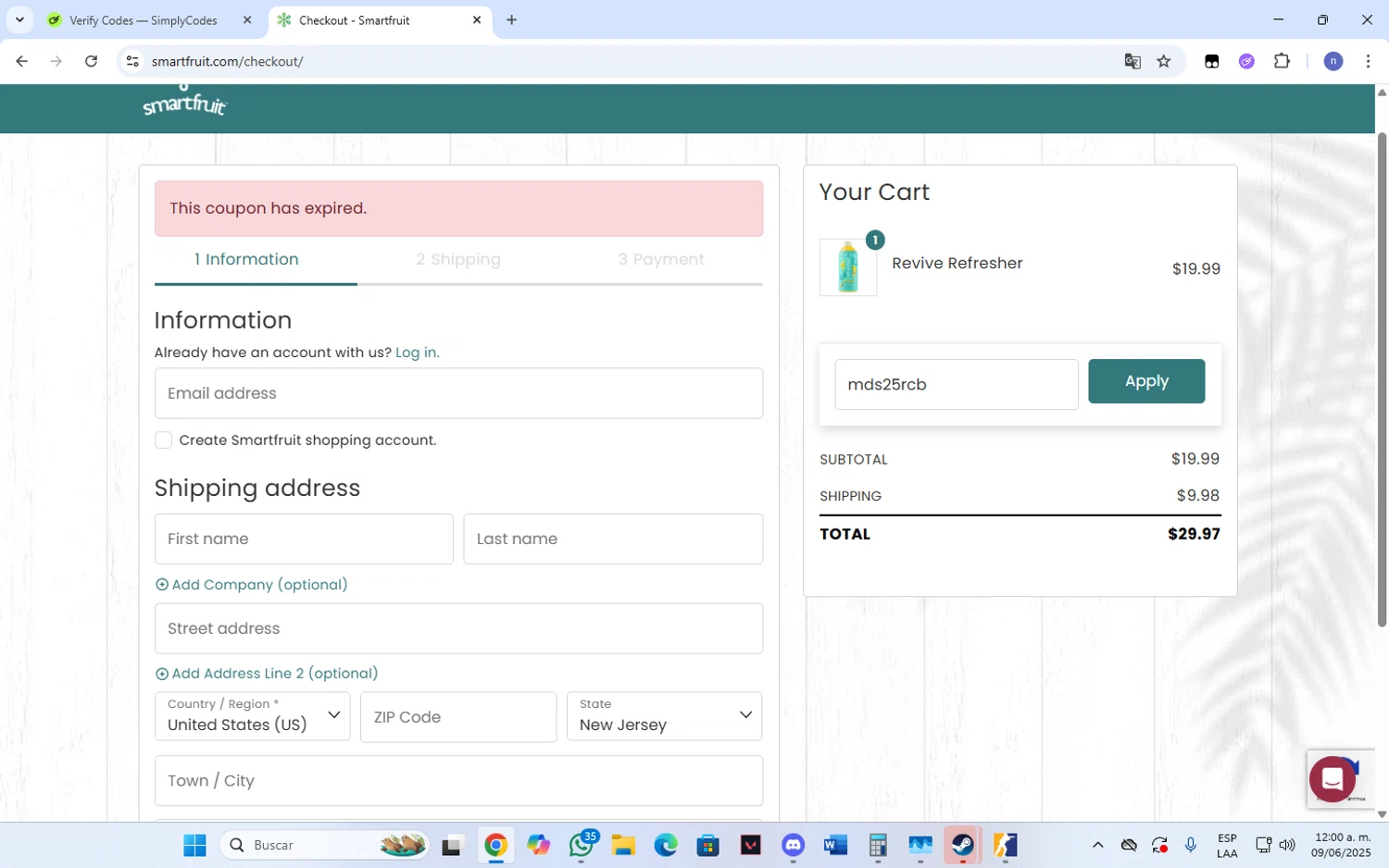 Smartfruit coupon code screenshot showing code mds25rcb applied at Smartfruit checkout page. Uploaded by SimplyCodes community member Franka on Jun 9, 2025