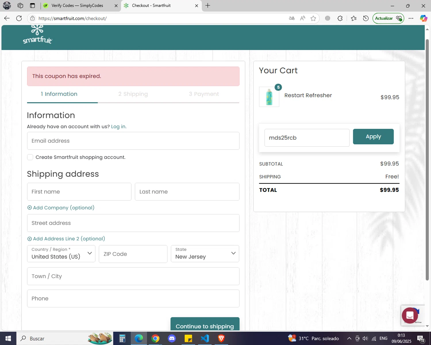 Smartfruit coupon code screenshot showing code mds25rcb applied at Smartfruit checkout page. Uploaded by SimplyCodes community member jhoanDepp on Jun 9, 2025
