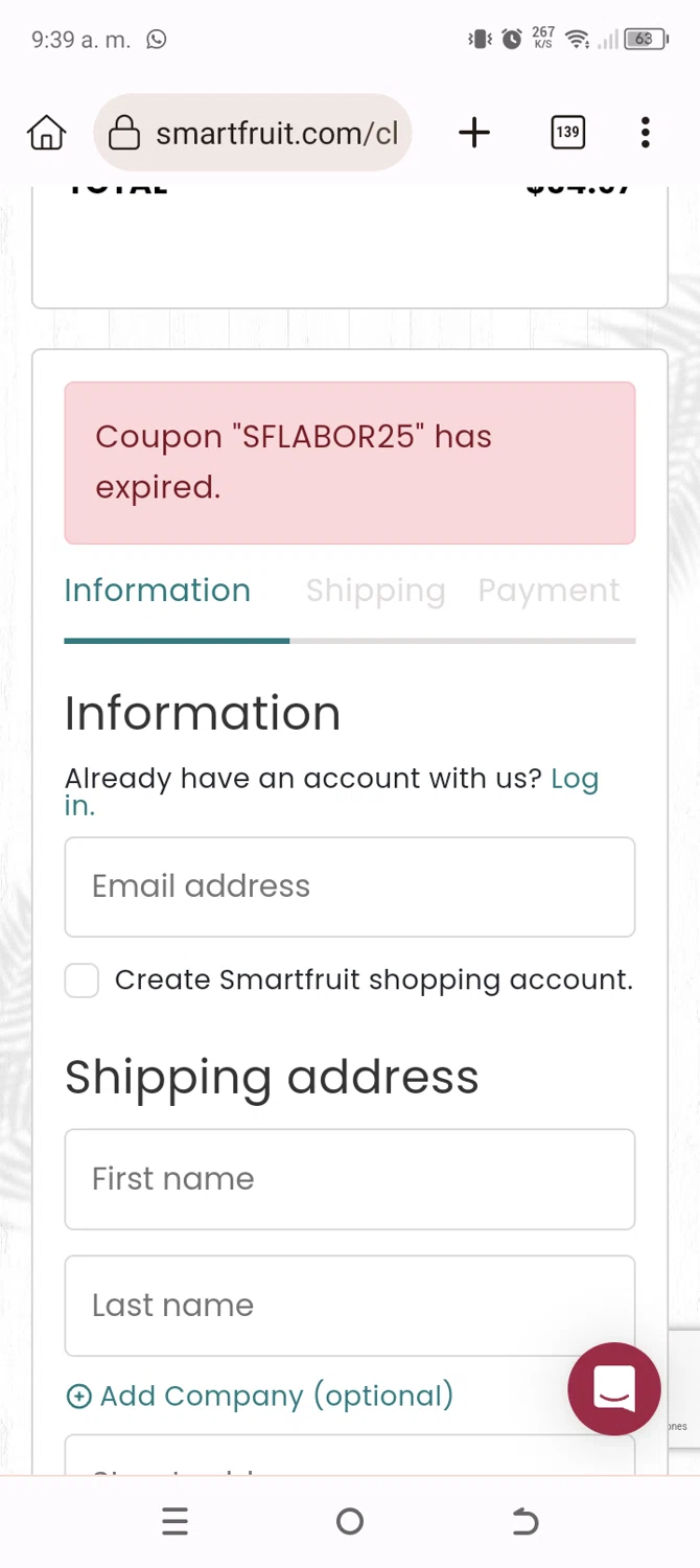 Smartfruit coupon code screenshot showing code Sflabor25 applied at Smartfruit checkout page. Uploaded by SimplyCodes community member BonusChaser4306 on Sep 27, 2025