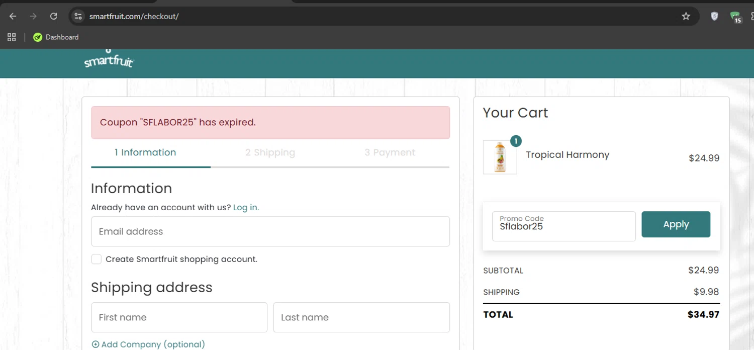 Smartfruit coupon code screenshot showing code Sflabor25 applied at Smartfruit checkout page. Uploaded by SimplyCodes community member Limon02 on Sep 27, 2025