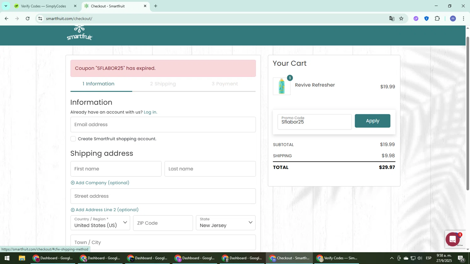 Smartfruit coupon code screenshot showing code Sflabor25 applied at Smartfruit checkout page. Uploaded by SimplyCodes community member QuestDefender2661 on Sep 27, 2025