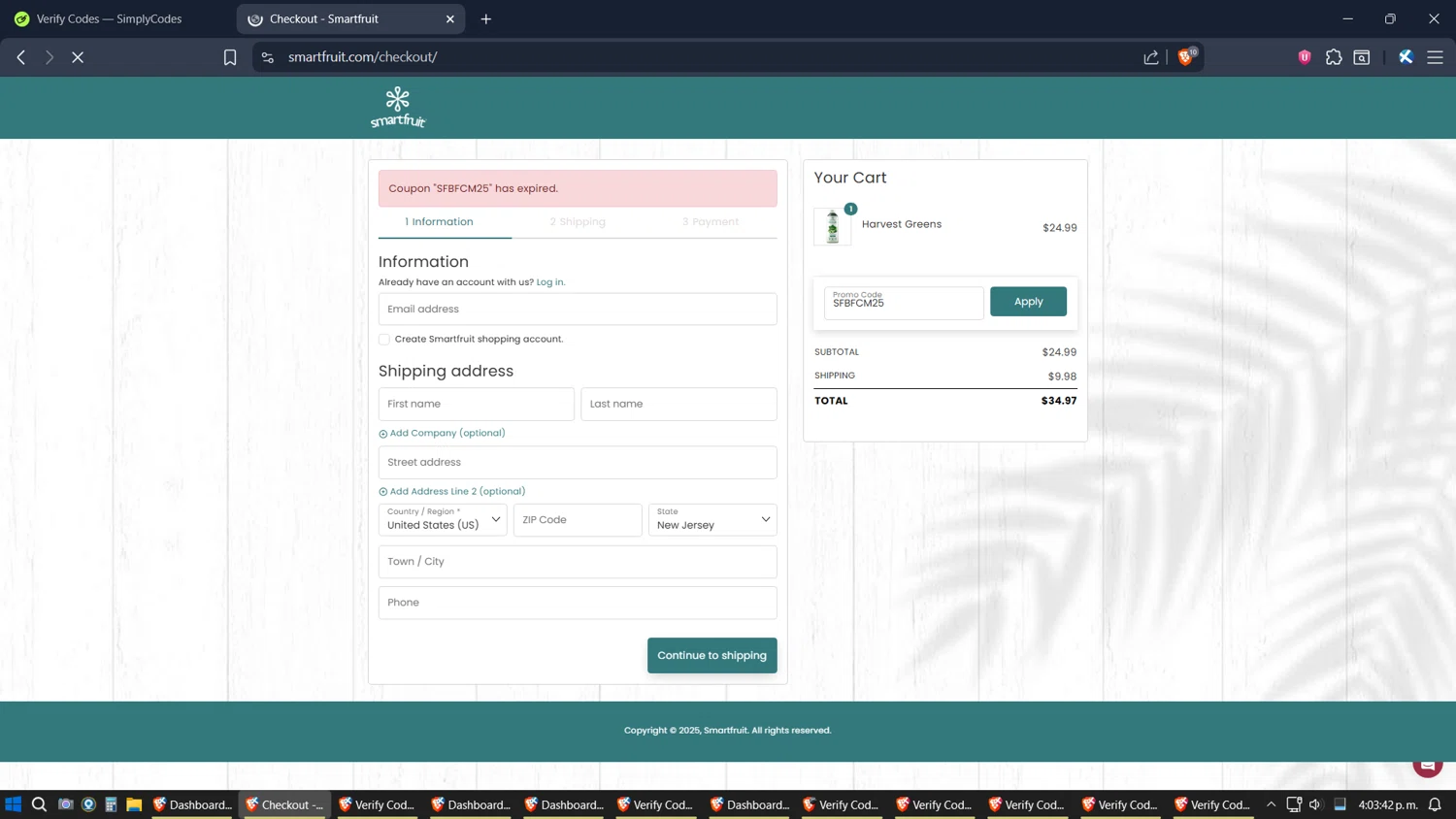 Smartfruit coupon code screenshot showing code SFBFCM25 applied at Smartfruit checkout page. Uploaded by SimplyCodes community member verifier_983798000 on Dec 4, 2025