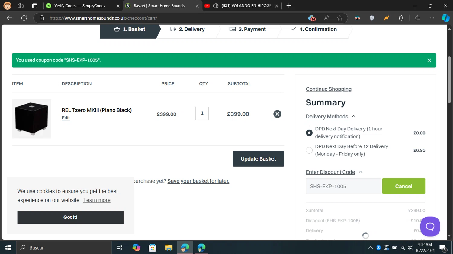 Smart Home Sounds checkout page showing Smart Home Sounds discount code box | Screenshot taken by SimplyCodes community member on Oct 22, 2024