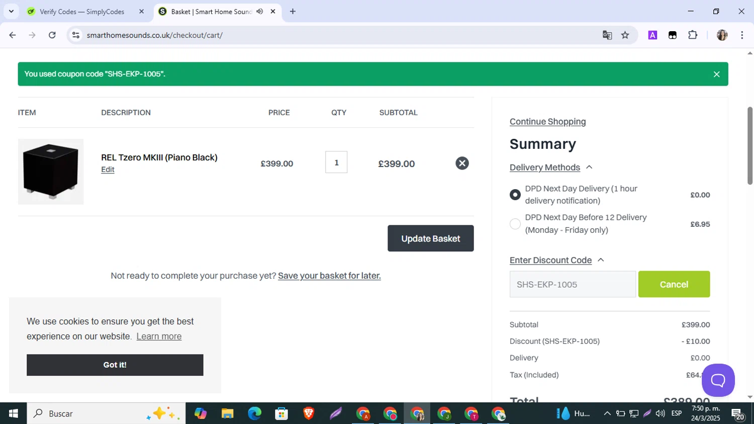 Smart Home Sounds discount code screenshot showing code SHS-EKP-1005 applied at Smart Home Sounds checkout page. Uploaded by SimplyCodes community member SmartMonarch9718 on Mar 24, 2025