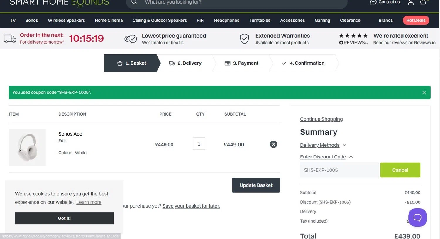 Smart Home Sounds discount code screenshot showing code SHS-EKP-1005 applied at Smart Home Sounds checkout page. Uploaded by SimplyCodes community member ScanMaestro644 on Mar 5, 2025