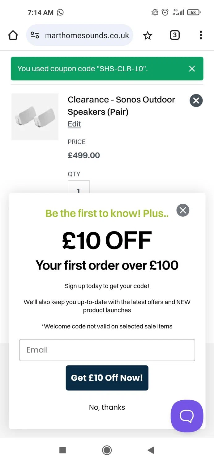 Smart Home Sounds checkout page showing Smart Home Sounds discount code box | Screenshot taken by SimplyCodes community member on Oct 21, 2024