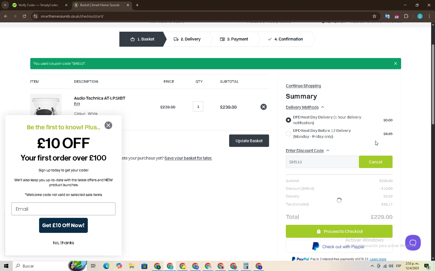 Smart Home Sounds discount code screenshot showing code SHS10 applied at Smart Home Sounds checkout page. Uploaded by SimplyCodes community member GC_EJOSE on Apr 12, 2025