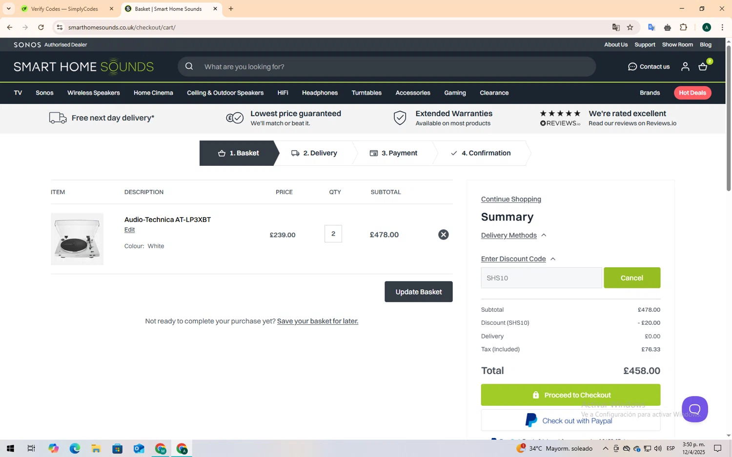 Smart Home Sounds discount code screenshot showing code SHS10 applied at Smart Home Sounds checkout page. Uploaded by SimplyCodes community member ScanScholar6471 on Apr 12, 2025