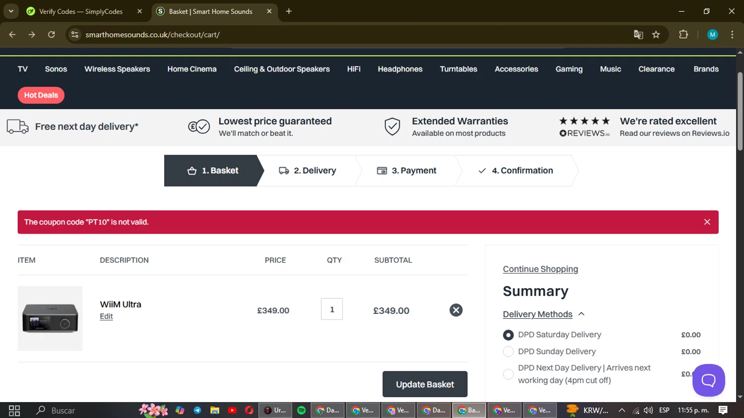 Smart Home Sounds discount code screenshot showing code PT10 applied at Smart Home Sounds checkout page. Uploaded by SimplyCodes community member Micell on May 2, 2025